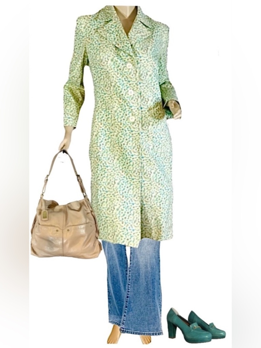 EXPRESS COTTON GREEN & BLUE FLORAL PRINT TRENCH JACKET (M)